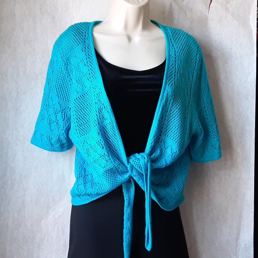 Alfred Dunner Women's Shrug Sweater Open Knit Short Sleeve Tie Front cardigan, M